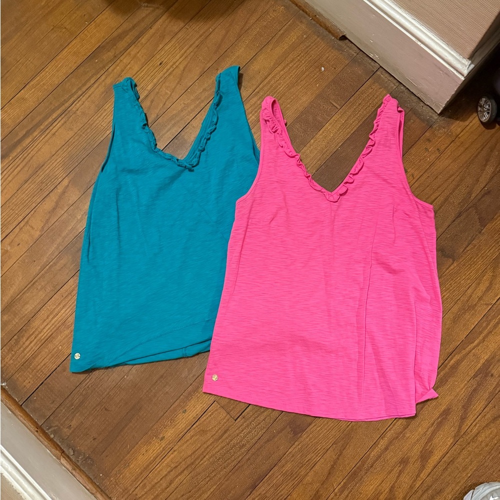 Women's Sleeveless Ruffle V-Neck Tops - Pink and Teal Lilly Pulitzer Large.